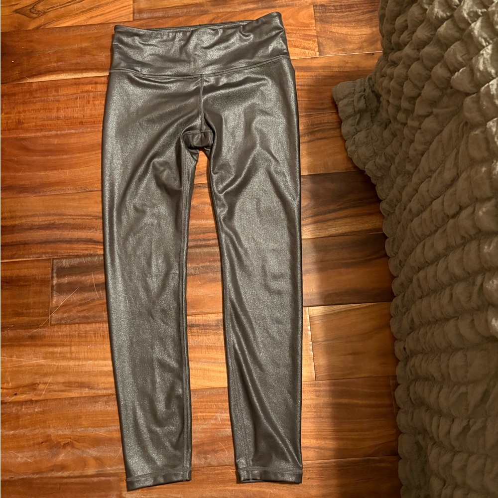 Athleta Metallic Coated Leggings Small Petite High Rise Black Shimmer (0991)